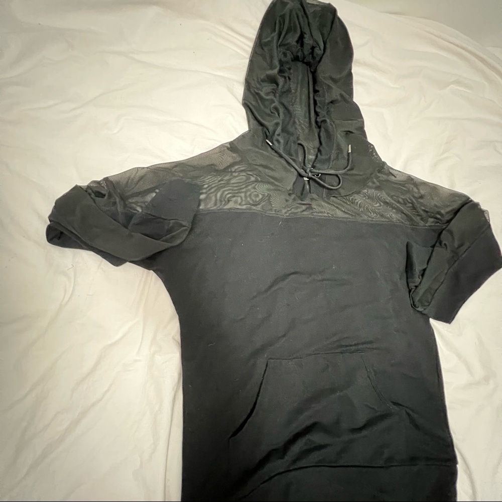 Black Mesh Sleeve Hoodie with Front Pocket